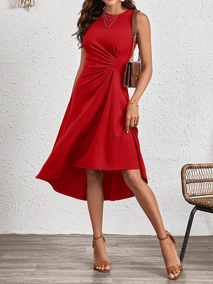 A-line High Waisted Asymmetric Pleated Color Split-joint Round-neck Midi Dresses