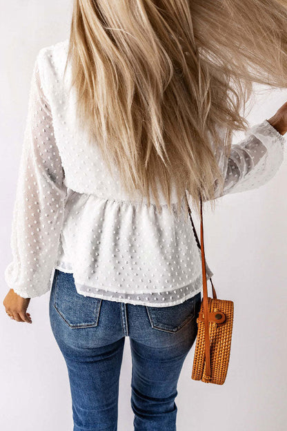 V-neck Button Tie Waist Polka Dot Blouse
