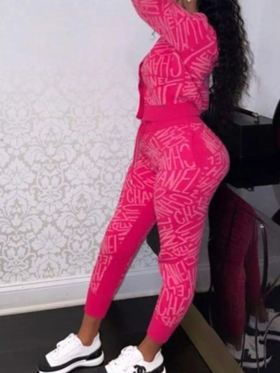 Hooded Collar Letter Print Pants Set Long Sleeve Crop Top Drawstring Trousers Two Piece for