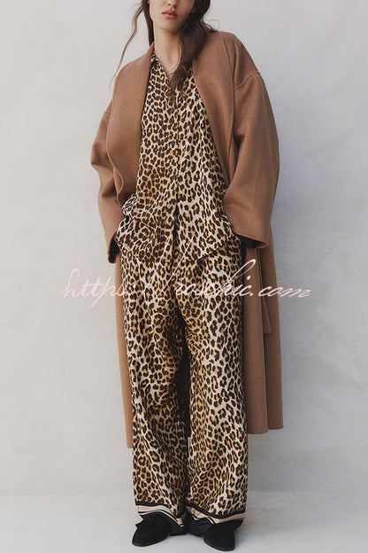 Unique Print Lapel Long Sleeve Loose Shirt and Elastic Waist Pocket Wide Leg Pants Set
