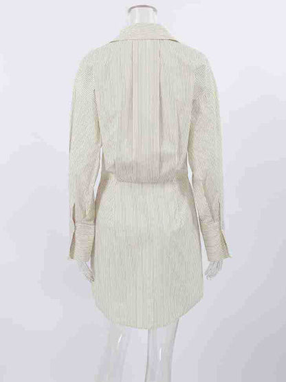 Flared Sleeves Long Sleeves Buttoned Striped Lapel Mini Dresses Shirt Dress