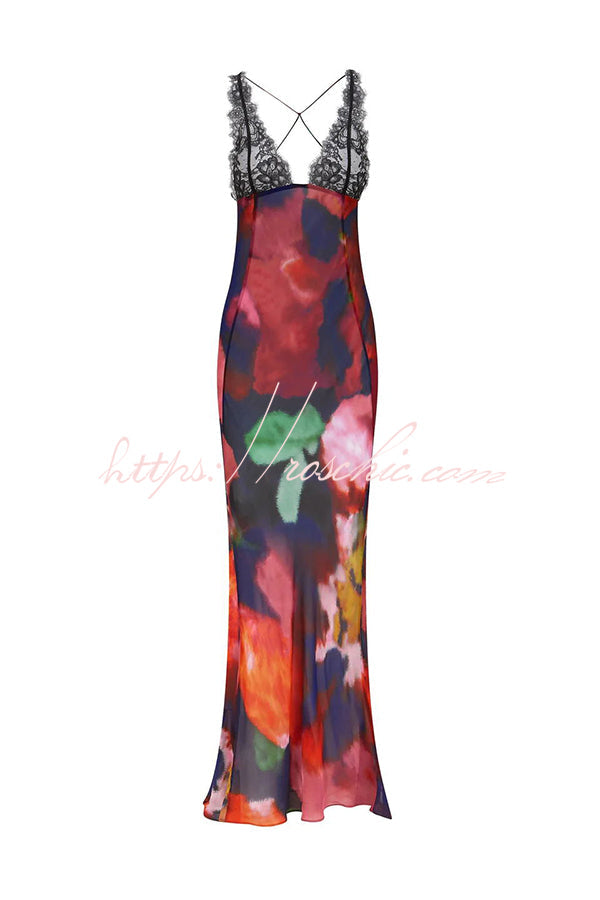 Rosalinda Abstract Print Lace Patchwork Back Lace-up Maxi Dress