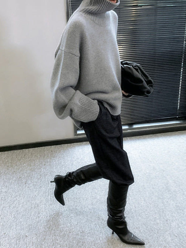 Grey High-neck Long Sleeve Sweater Qx016