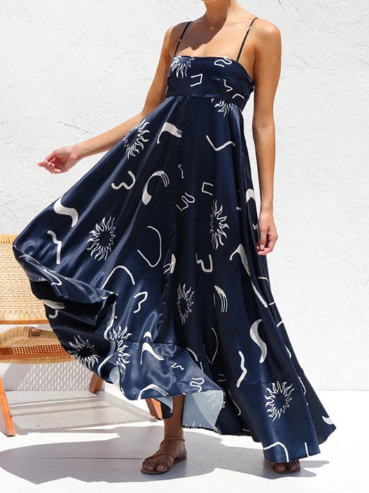 Loose Sleeveless Printed Split-joint Spaghetti-neck Maxi Dresses