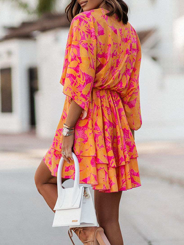 A-line High Waisted Double Layered Elasticity Printed V-neck Mini Dresses