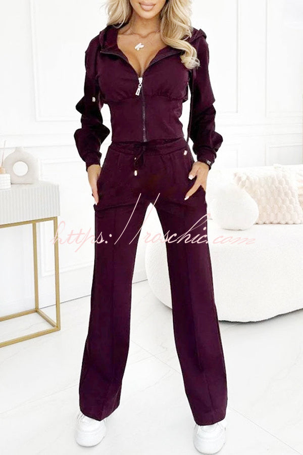 Color Hooded Zip-up Jacket and Elastic Waist Pocket Wide-leg Pants Set