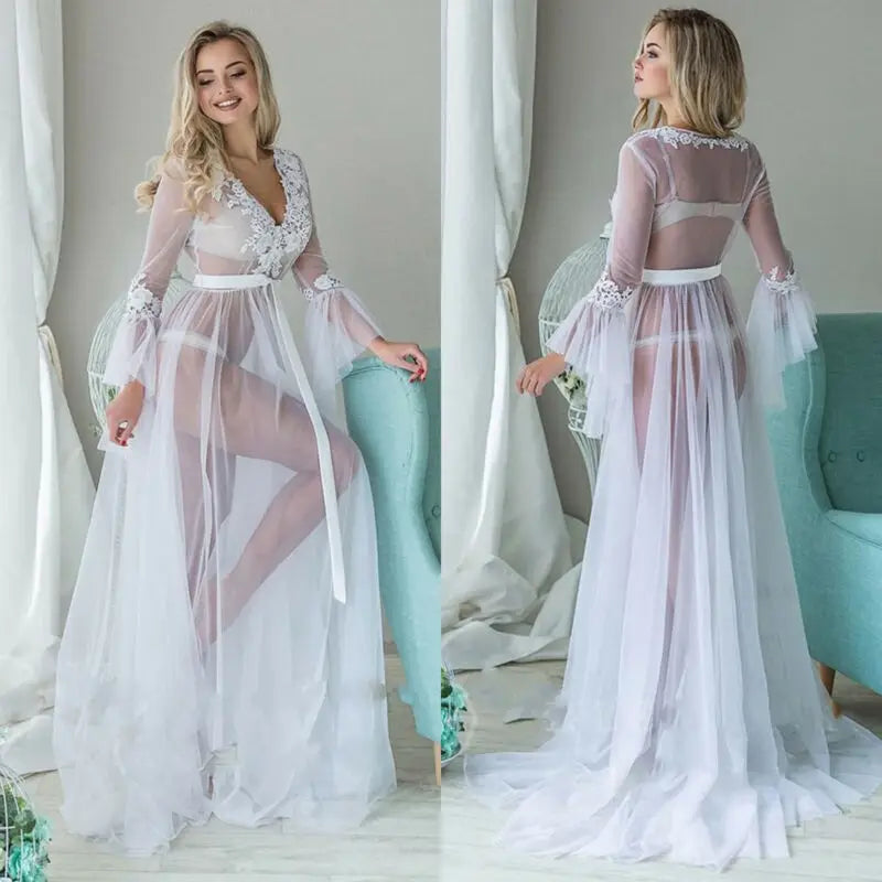 Dress Deep V Lace Sleepwear Babydoll See Through Long Dresses for Nightwear Dresses