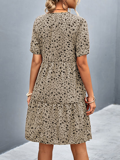 Short Sleeves Flower Print Split-joint V-neck Mini Dresses