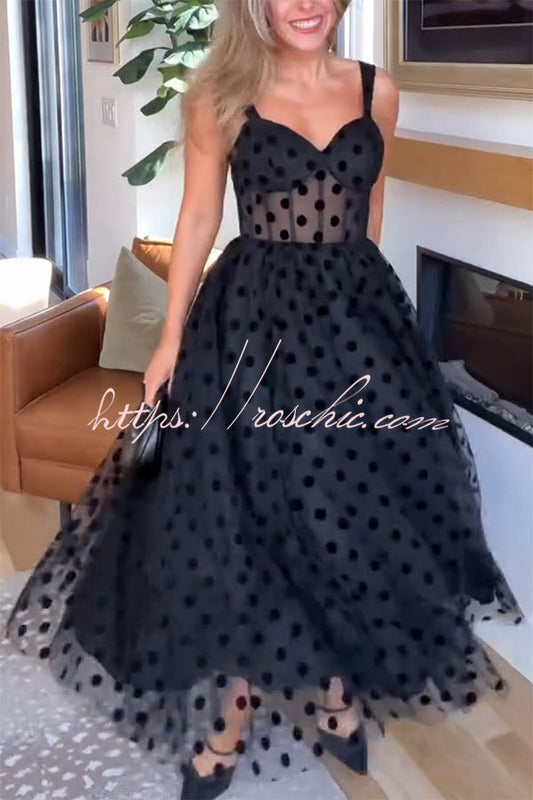 Perfect Guest Tulle Polka Dot Sweetheart Bustier A-line Midi Dress