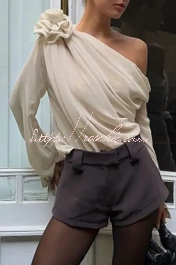 Three Dimensional Flower Tulle Off Shoulder Long Sleeved Blouse