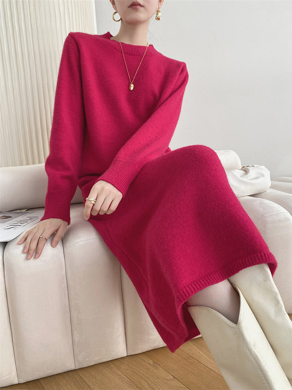 Urban Loose Long Sleeves Color Round-neck Sweater Dresses