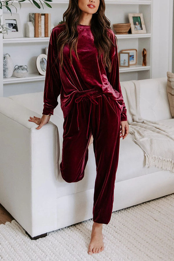 Red Velvet Round Neck Top \u0026 Drawstring Pants Longe Set