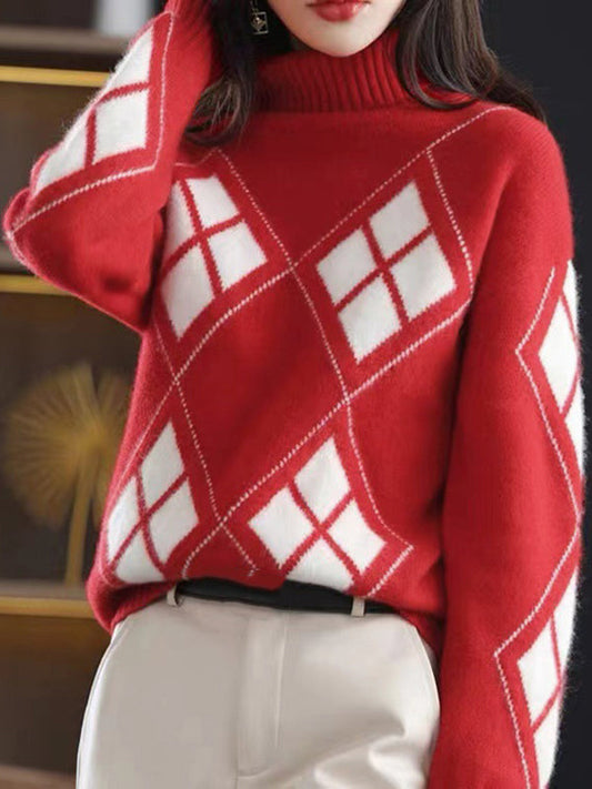 Red High-neck Contrast Color Plaid Long Sleeves Sweater Qx014