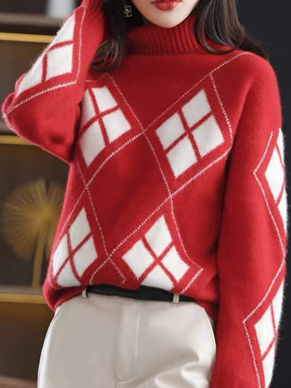 Red High-neck Contrast Color Plaid Long Sleeves Sweater Qx014