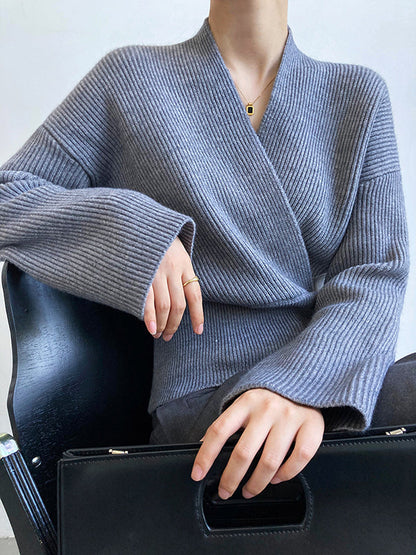 French Grey Cross V-neck Long Sleeve Sweater Qx012