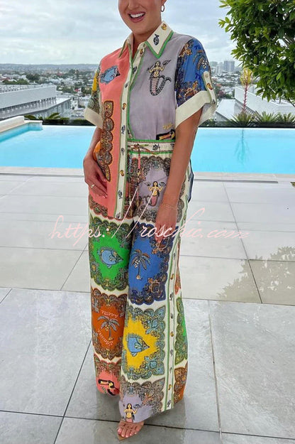 And Posh Linen Blend Mermaid Print Button Down Oversized Blouse