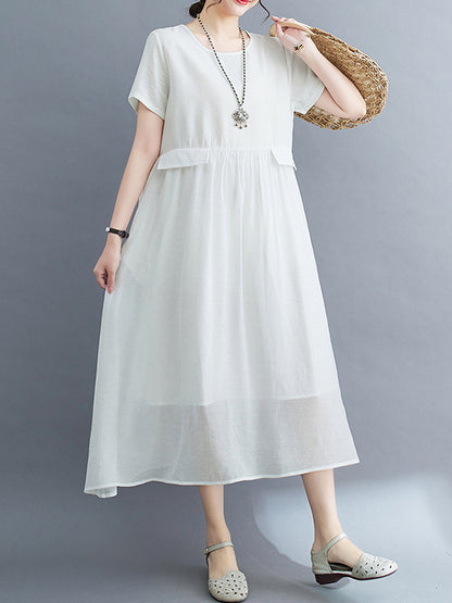 Loose Short Sleeves Gauze Color Split-joint Round-neck Midi Dresses
