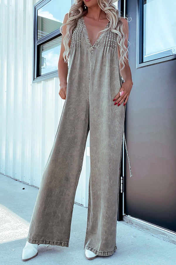 Color V-neck Open Back Pleated Loose Denim Jumpsuit