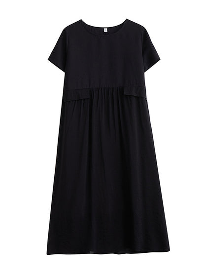 Loose Short Sleeves Gauze Color Split-joint Round-neck Midi Dresses