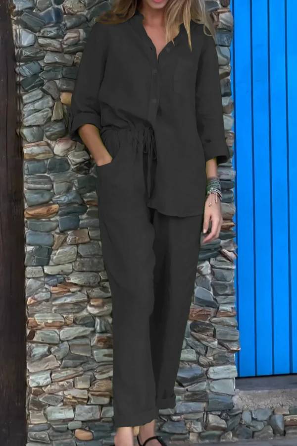 Color V-neck Shirt \u0026 Pants Cotton Linen Two-piece Set