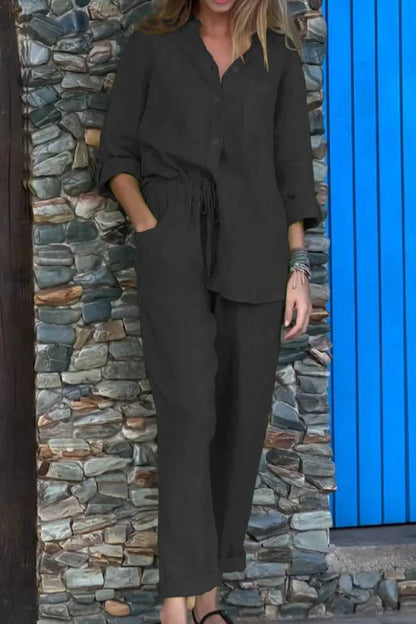 Color V-neck Shirt \u0026 Pants Cotton Linen Two-piece Set