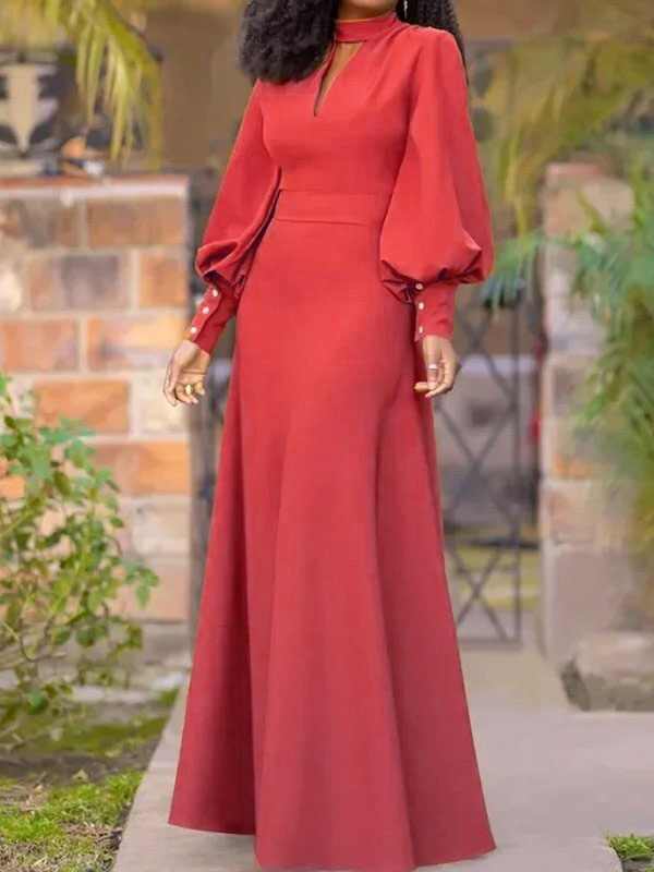 Long Sleeves Loose Buttoned Hollow Color Split-joint Round-neck Maxi Dresses