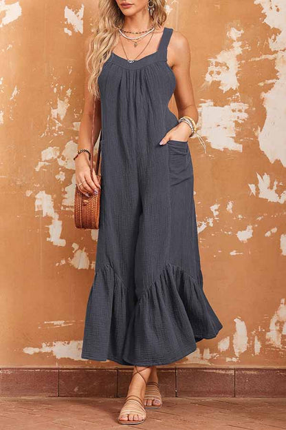 Grey Color Sleeveless Flare Leg Jumpsuit With Pockets