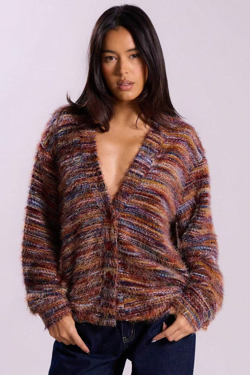 Retro Striped Fashionable Oversized Fleece Long Sleeve Knit Cardigan