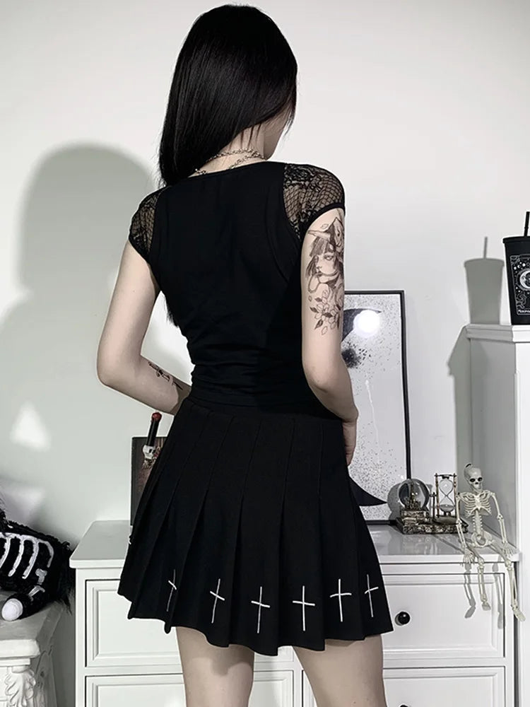 Tops Goth T-shirt Bodycon Bandage Lace Black T-shirts Gothic Female Top Mesh Tee