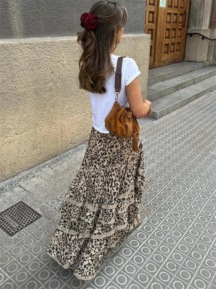 Leopard Printed Maxi Skirt Female Ruffled Patchwork Summer High Waist Bandage Party Looks Long Skirt