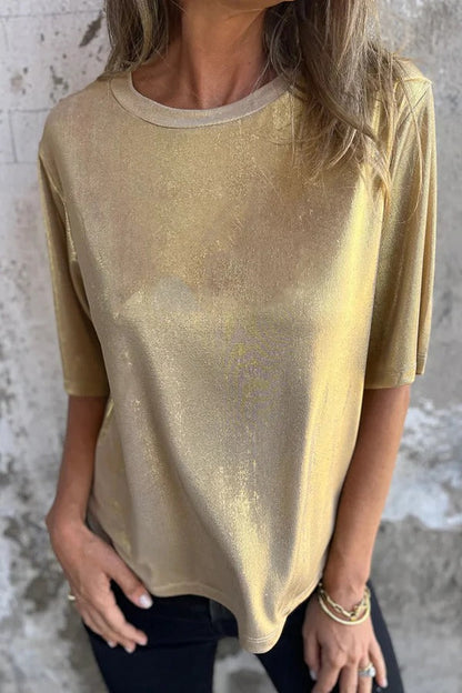 Metallic Color Round Neck Short-sleeved Loose T-shirt