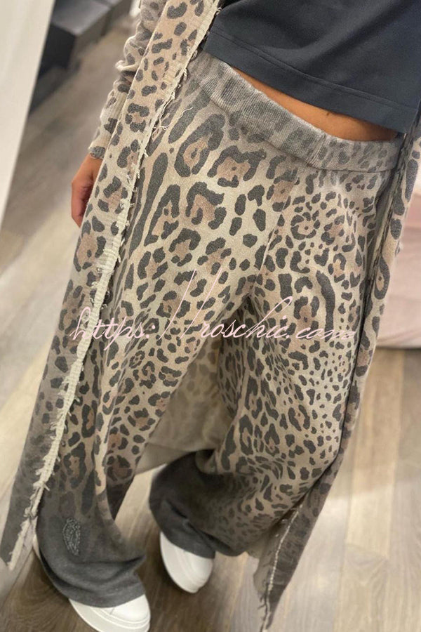 Comfort First Leopard Print Pocket Long Sleeve Cardigan Elastic Waist Pants Set