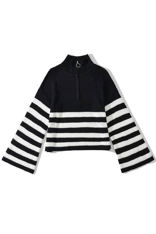 Turtleneck Zipper Striped Cardigan Sweater