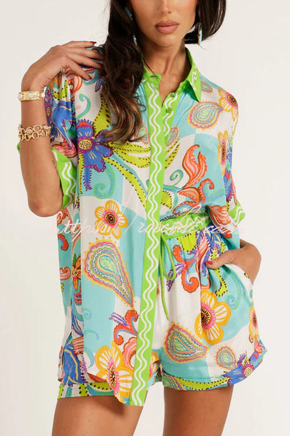Unique Printed Short-sleeved Loose Shirt and Elastic Waist Drawstring Pocket Shorts Set