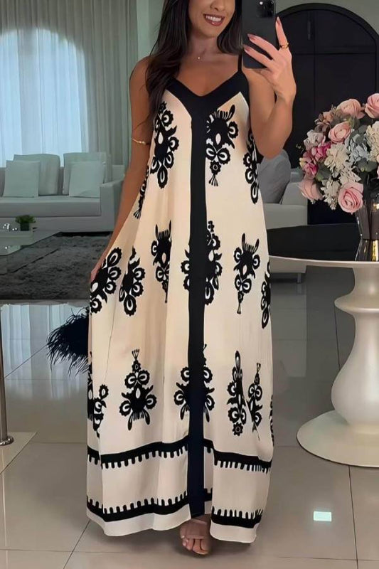 Pattern Print Patchwork Loose Maxi Dress