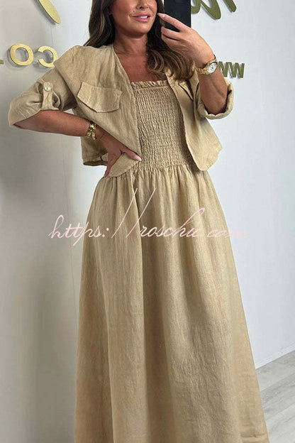 Color Short Jacket and Suspender Pleated Maxi Dress Set
