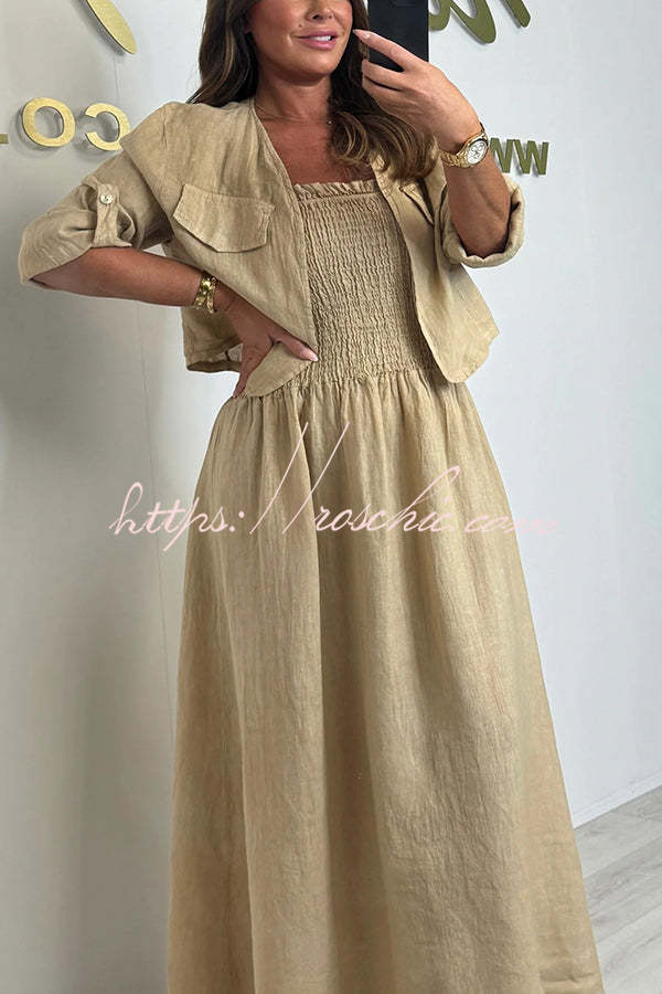 Color Short Jacket and Suspender Pleated Maxi Dress Set