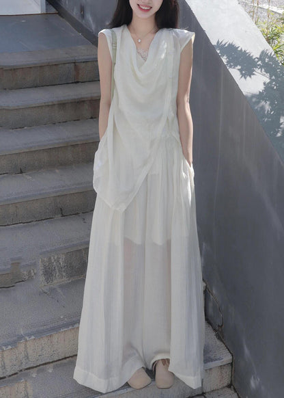 New White Asymmetrical Shirts and Wide Leg Pants Cotton Two Pieces Set Summer Ee020