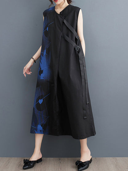 Loose Sleeveless Printed Round-neck Midi Dresses