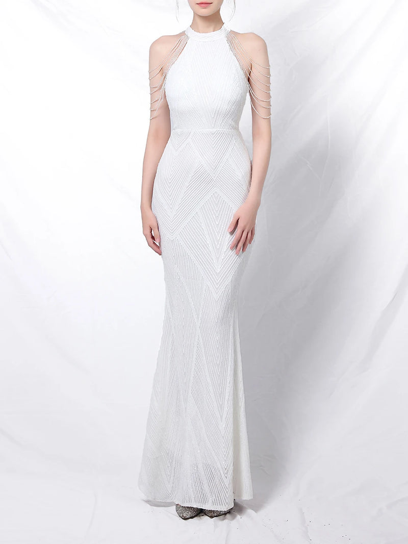 Halter Neck Sequined Evening Dresses Crystal Tassel Hip Skirt Sleeveless Rhinestone Decoration Long Dress