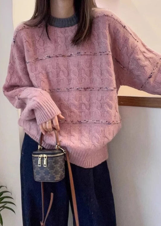 New Pink O Neck Cozy Patchwork Knit Sweaters Fall Qx028