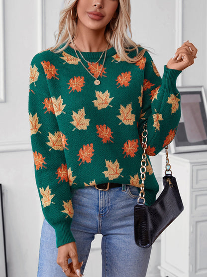 Maple Leaf Pattern Jacquard Pullover Sweater for