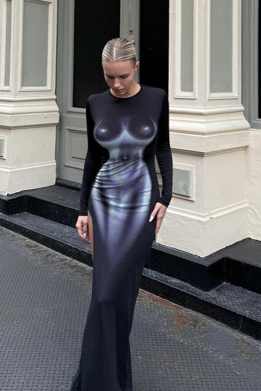3d Print Bodycon Long Sleeve Maxi Dress