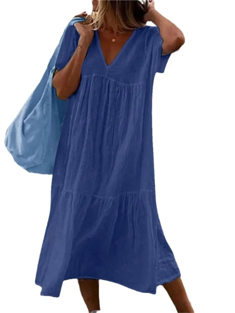 Color Cotton Linen Midi Dresses V-neck Short Sleeves Loose Dress Simple Style Lady Commuting Vestidos