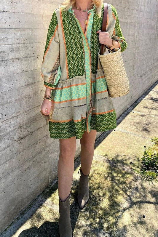 Vacation Style Print Button Loose Mini Dress