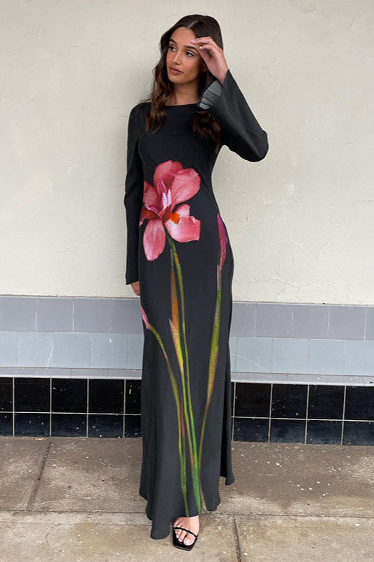 Long Sleeve Print Backless Maxi Dress