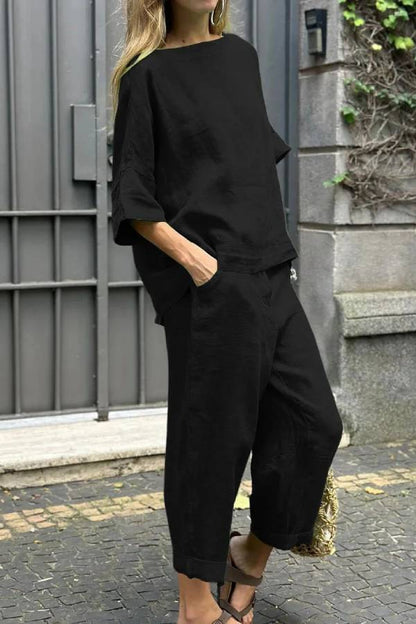 Color Crewneck Top \u0026 Pants Cotton Linen Two-piece Set