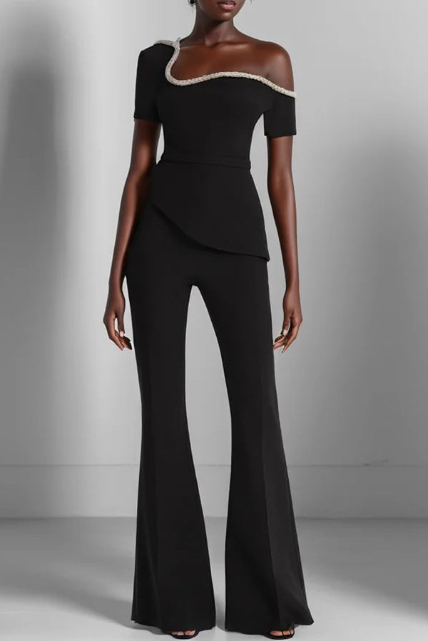 Color Irregular One-shoulder Waist Slim Wide-leg Jumpsuit