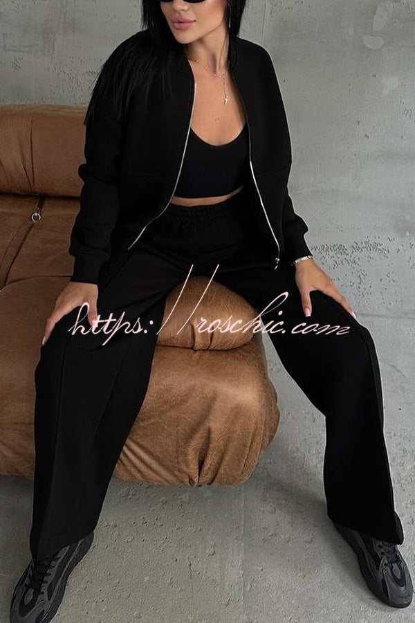 Color Long Sleeve Zipper Jacket and Elastic Waist Pocket Wide Leg Pants Set