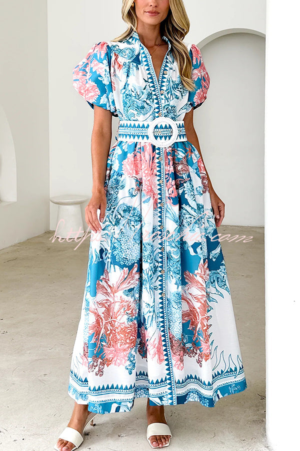 Unique Print Puff Sleeve Button Belt Maxi Dress